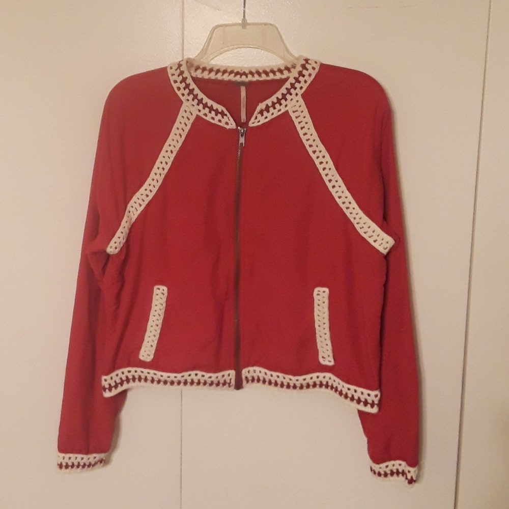 Free People Jacket Red with Cream Knit Trim
